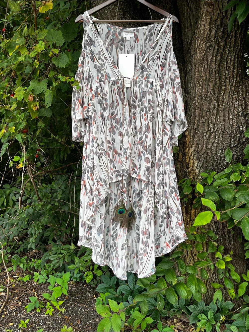 NWT Blu Heaven S Sheer Floral Kimono Duster Peacock Feather Tassels Boho